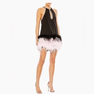 Satin Halter Neckline with Keyhole Mini Dress with Feather Hem